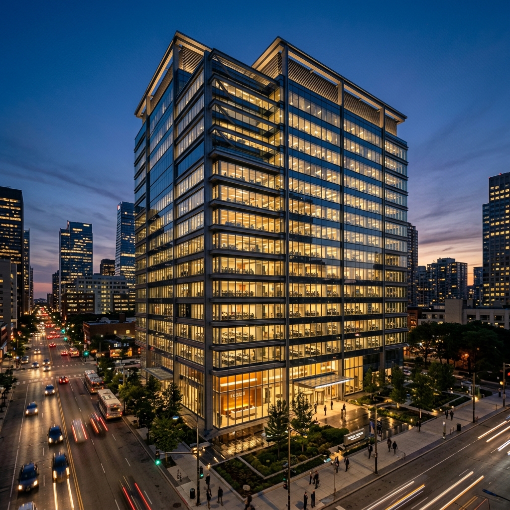 Commercial office building at dusk
