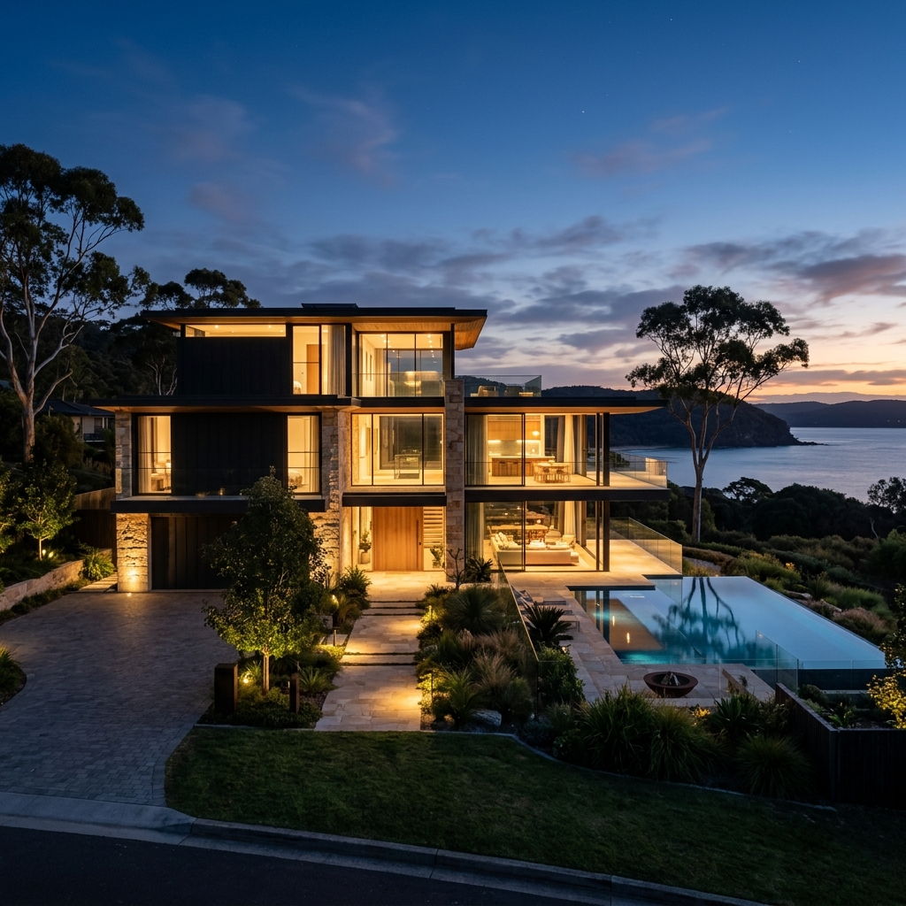 Contemporary waterfront home at dusk